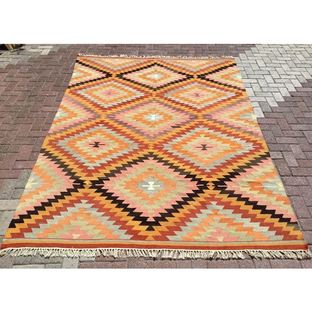 Vintage Turkish Diamond Design Kilim Rug - 110" X 79.5" For Sale - Image 11 of 11