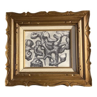 1970’s Original Abstract Surreal Ink Drawing Chunky Gold Frame For Sale