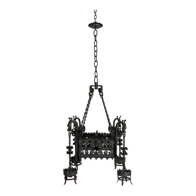 Mid 19th Century Black Italian Chandelier With Intricate Ironwork & Dragon Detail For Sale