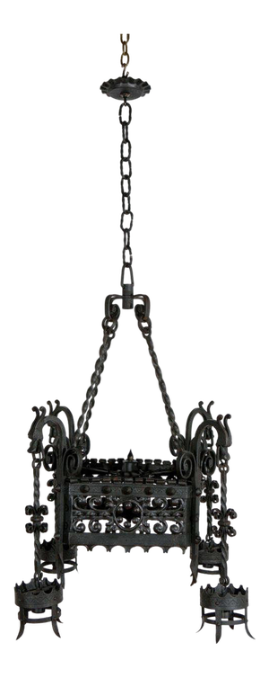 Mid 19th Century Black Italian Chandelier With Intricate Ironwork & Dragon Detail