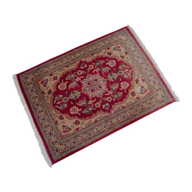 Distressed Turkish Yastik Petite Rug Low Pile Hand Knotted Mat - 1'8'' X 2'4'' For Sale - Image 4 of 14