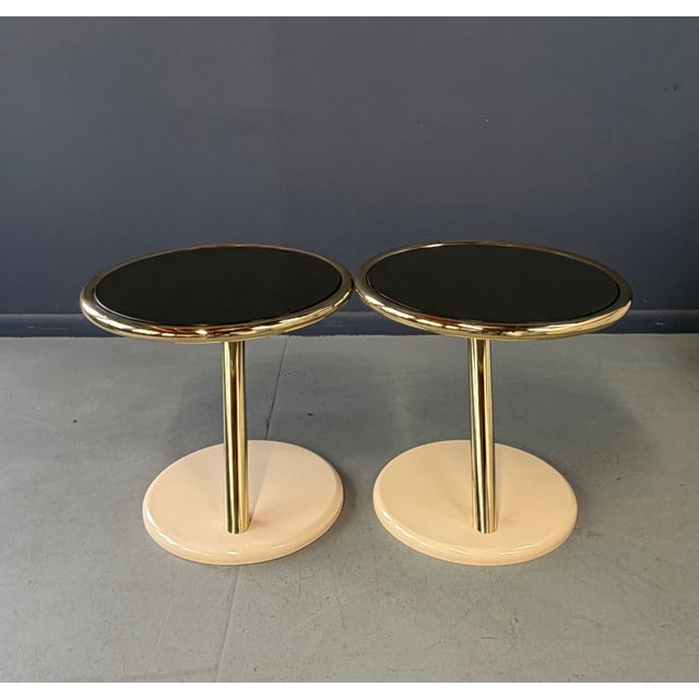 Vintage Pair of Casprini Italian Postmodern Side Tables in Brass, Grey Glass and Lacquer For Sale - Image 9 of 12