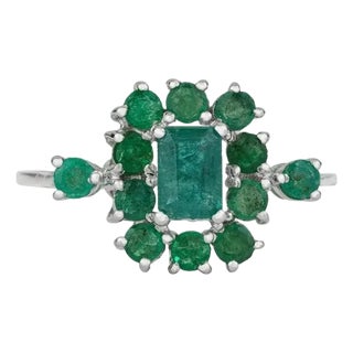 Vintage Style Emerald and Diamond Cluster Ring in Silver, Size 8.5 For Sale