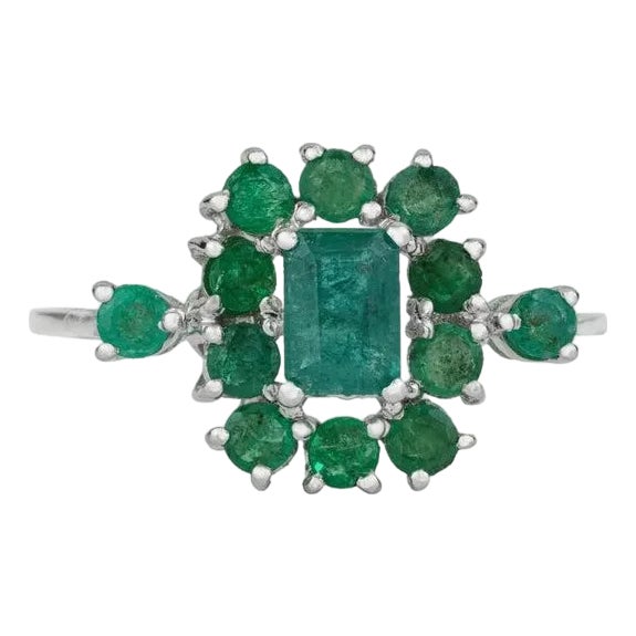 Vintage Style Emerald and Diamond Cluster Ring in Silver, Size 8.5 For Sale