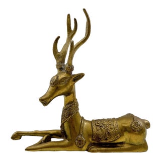 Vintage Brass Deer Figurine | Ornate Stag Sculpture | Hollywood Regency Decor | Mid Century Brass Buck | Boho Shelf Accent For Sale