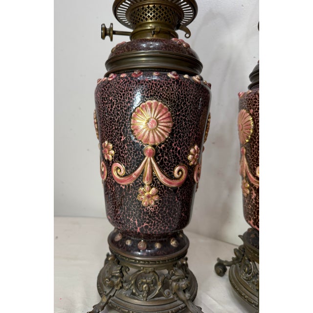 Rare Pair Antique 19th Century Hinks & Son Duplex Electrified Porcelain Bronze Oil Lamp For Sale - Image 13 of 15