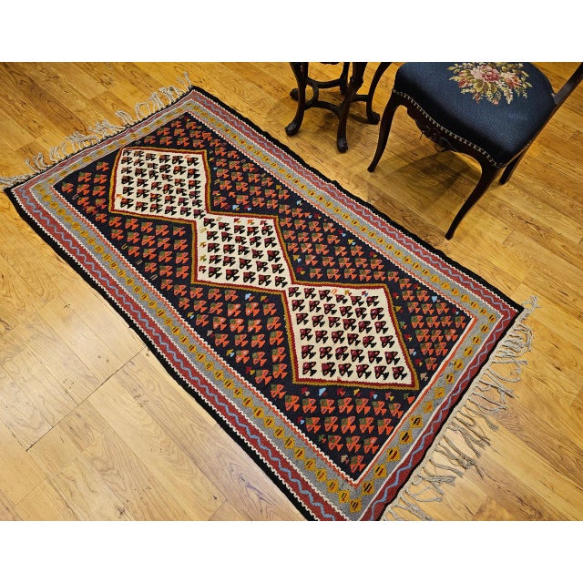 Persian Vintage Persian Senneh Kilim, Flat-Woven Wool Rug, Paisley Pattern, Ivory & Black, 3x6 For Sale - Image 3 of 15