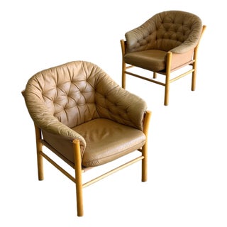 1970s ‘Pedro’ Armchairs Attributed to Gunnar Kentemo in Tan- Pair For Sale