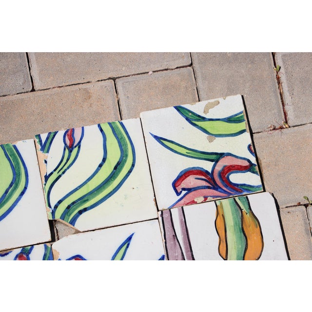 1900s Antique Portuguese Art Nouveau Assembled Group of 15 Tiles With Stylized Iris Motif For Sale - Image 12 of 14