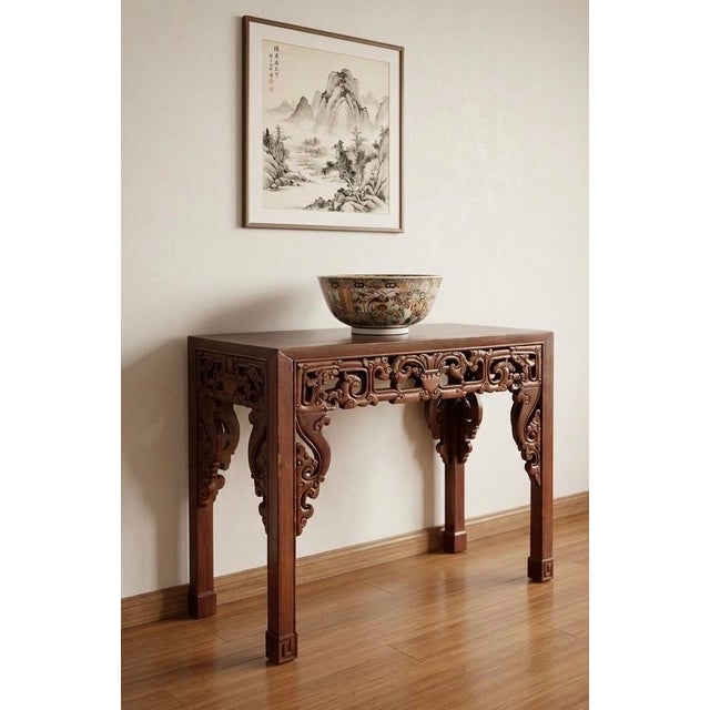 Chinese 19th Century Antique Chinese Hand-Carved Elmwood Console Table - Traditional Wood Peg Joinery For Sale - Image 3 of 6