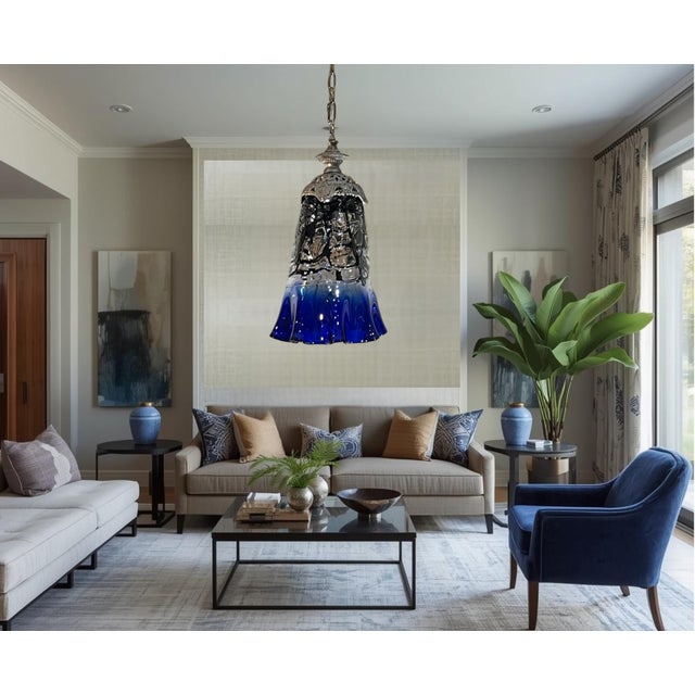 Vintage Fazzoletto Cobalt Blue Black Fenestrated Art Glass Pendant Light For Sale - Image 17 of 18