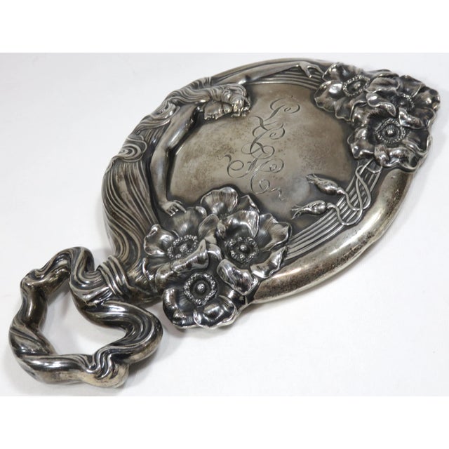 Fancy Antique Art Nouveau Sterling Silver Vanity Hand Mirror For Sale - Image 4 of 13