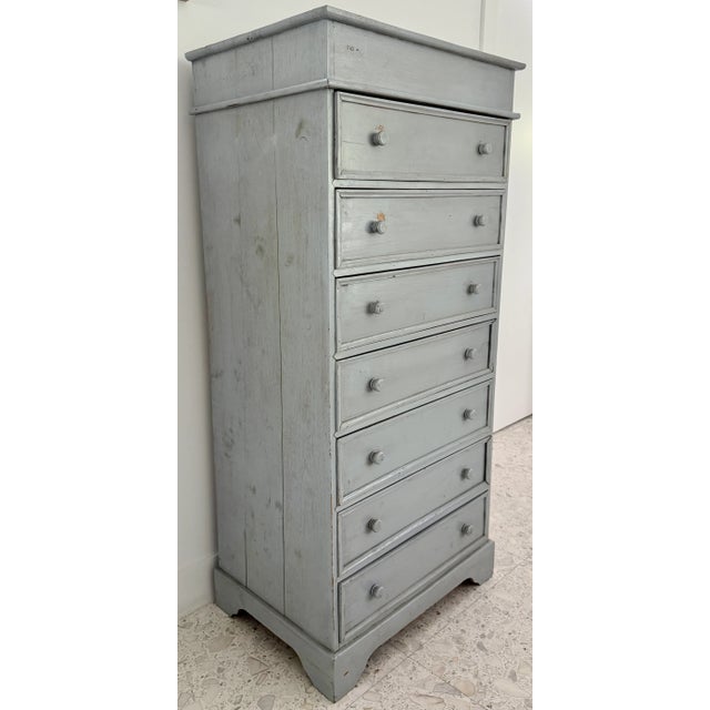 Country chic Italian highboy dresser from 80's. 7 drawers. Furniture is made of solid wood with a medium gray finish....