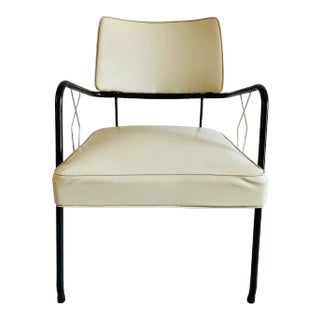 Midcentury Vinyl Sunroom Side Chair Beige/Black Iron Frame For Sale
