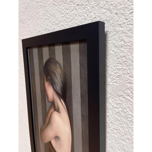 Figurative Shying Away by Kelly Birkenruth | Oil on panel of a woman with her back turned against stripes For Sale - Image 3 of 5