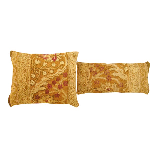 Decorative Antique Indian Agra Rug Pillows with Floral Elements - A Pair For Sale
