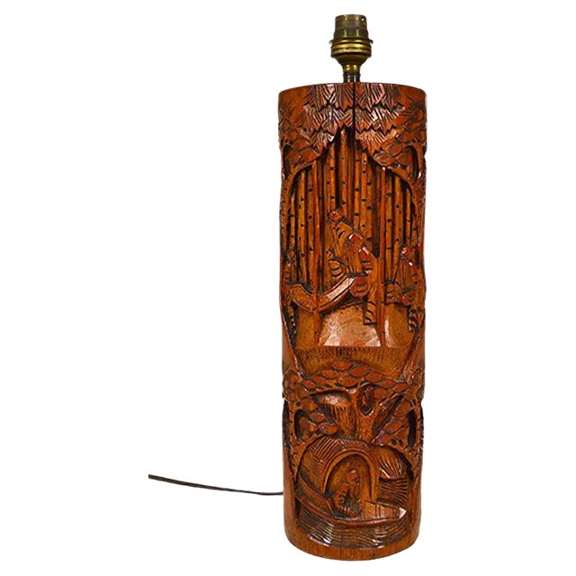 Mid-Century Asian Living Room Table Lamp in Carved Wood, 1940s For Sale