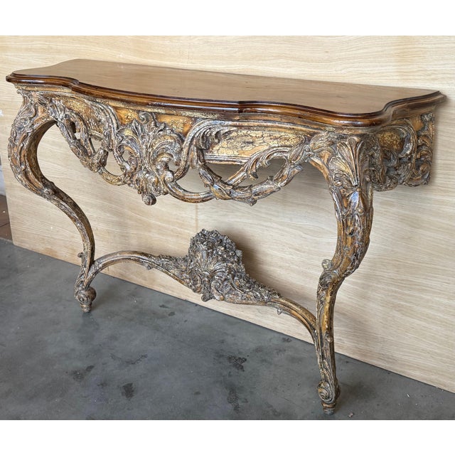 Late 19th Century French Louis XIV Style Carved Painted Wall Mounted Console Table with wood top For Sale - Image 4 of 18