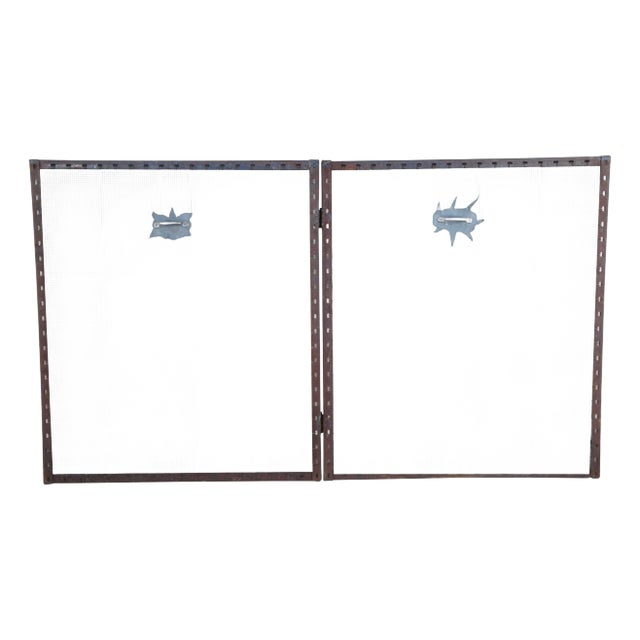 Large Vintage Handmade Iron & Mesh Rustic Folding Fire Screen For Sale