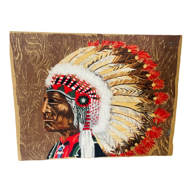 Native American Embroidered Portrait Folk Art Textile Art For Sale