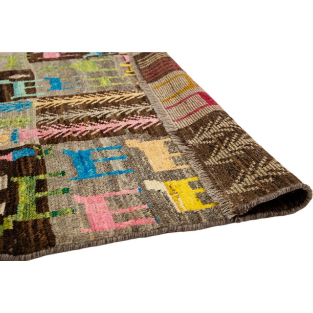 Moroccan Handmade Modern Moroccan Style Brown Wool Rug With Pictorial Design For Sale - Image 3 of 9