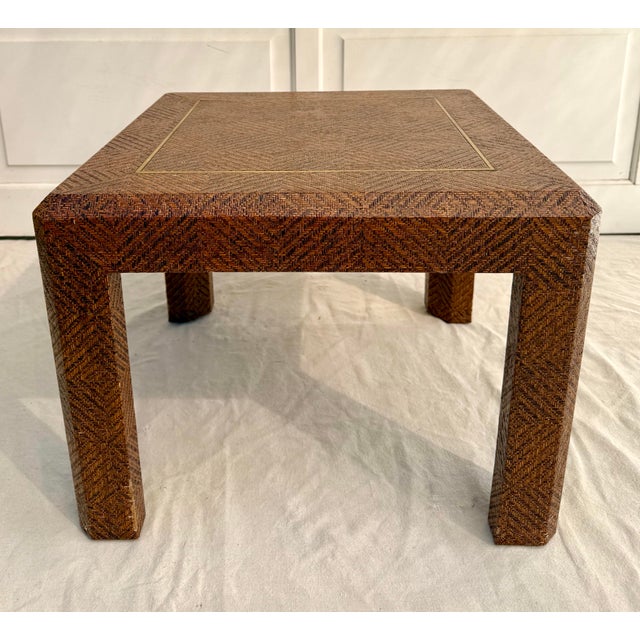 Attributed Harrison Van Horn Woven Reed Side Table With Geometric Pattern & Brass Inlay For Sale - Image 12 of 12