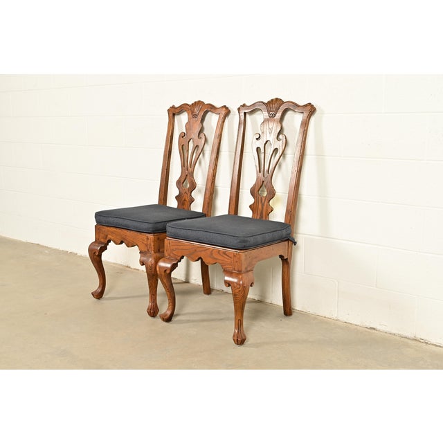 English Henredon Georgian Carved Oak and Cane Side Chairs or Dining Chairs, Pair For Sale - Image 3 of 17