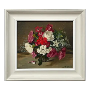 John Whitlock Codner RWA, Still Life Painting of Red Pink & White Flowers by 20th Century British Artist, 1985