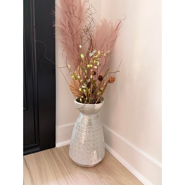 Large Robin’s Egg Blue/White and Brushed Gold Distressed Ceramic Vase | Textured Floor Vase For Sale - Image 9 of 9
