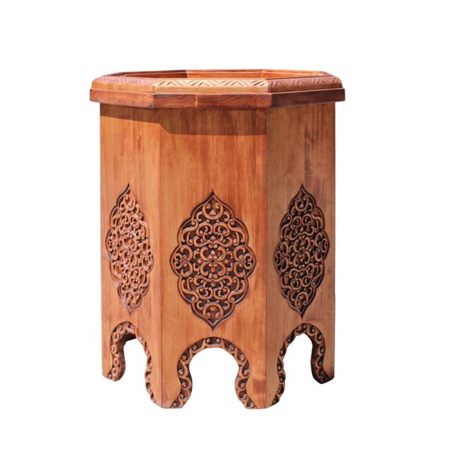 Asian Octagon Floral Relief Carving Side Table Stand For Sale