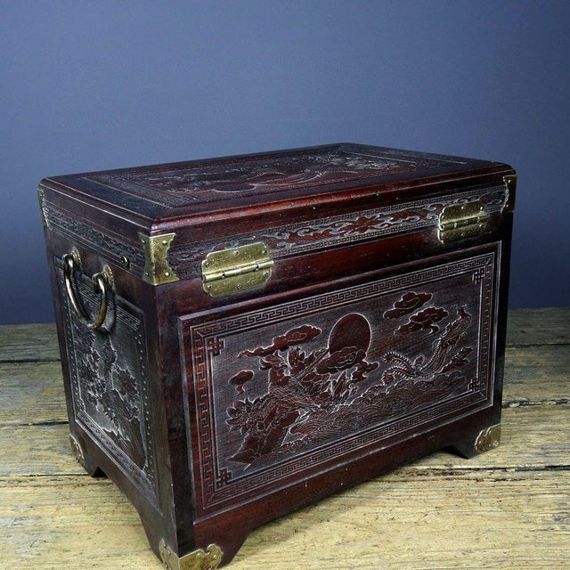 Wood Vintage Rosewood Jewelry Box / Vanity Chest With Brass Hardware & Carved Drawers For Sale - Image 7 of 9