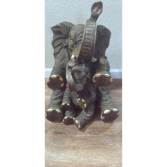 Vintage Resin Mother and Baby Elephant Statue With Trunks Raised For Sale - Image 4 of 16