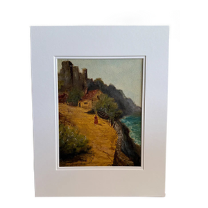 19th Century Original Antique Oil Painting on Paper, Coastal Path, Framed