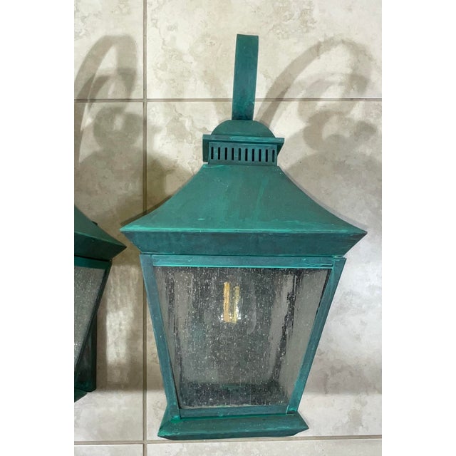 Pair of Vintage Solid Brass Outdoor Lanterns – Arts & Crafts Mission Style For Sale In Miami - Image 6 of 13
