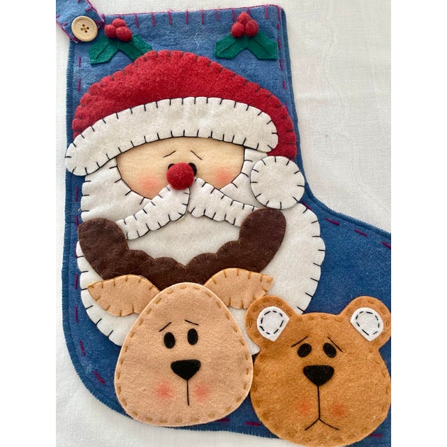 Textile Vintage Crazy Mountain Imports "Porch & Parlour" Felt Christmas Stocking - Primitive Folk Art Santa, Reindeer & Bear Excellent Condition For Sale - Image 7 of 13