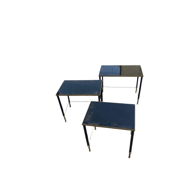 Mid-Century Modern Stitched Leather and Brass Nesting Tables by Jacques Adnet, 1950s, Set of 3 For Sale - Image 3 of 9