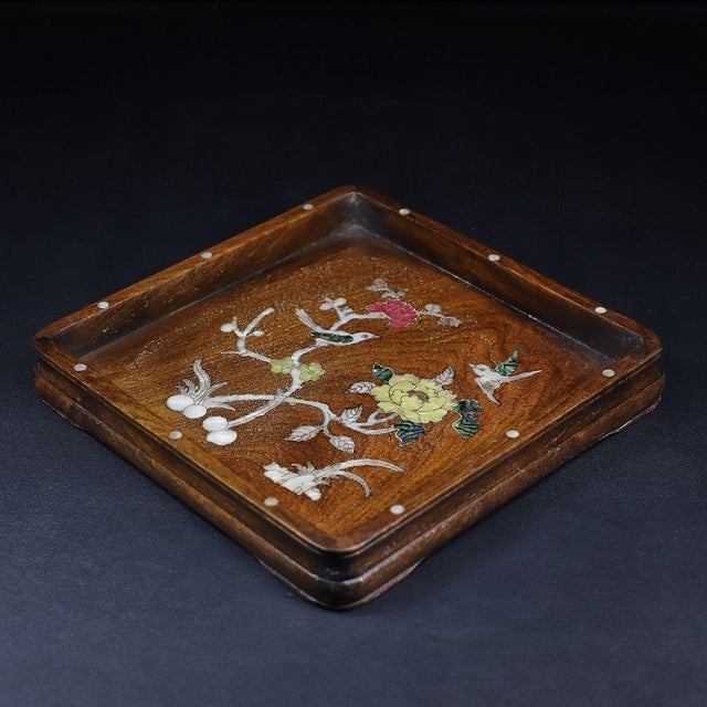 Traditional Square Wooden Tray With Mother-of-Pearl Bird and Floral Inlay For Sale - Image 3 of 10