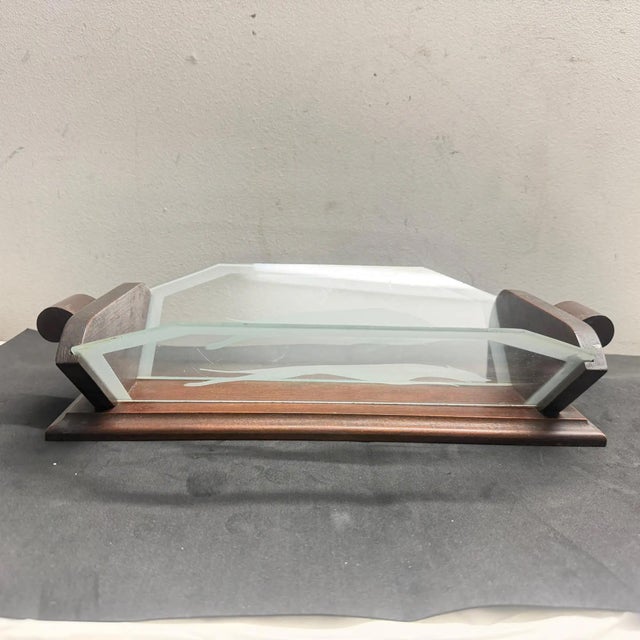 1930s Art Deco Wood and Greyhounds Etched Glass French Centerpiece For Sale - Image 9 of 14