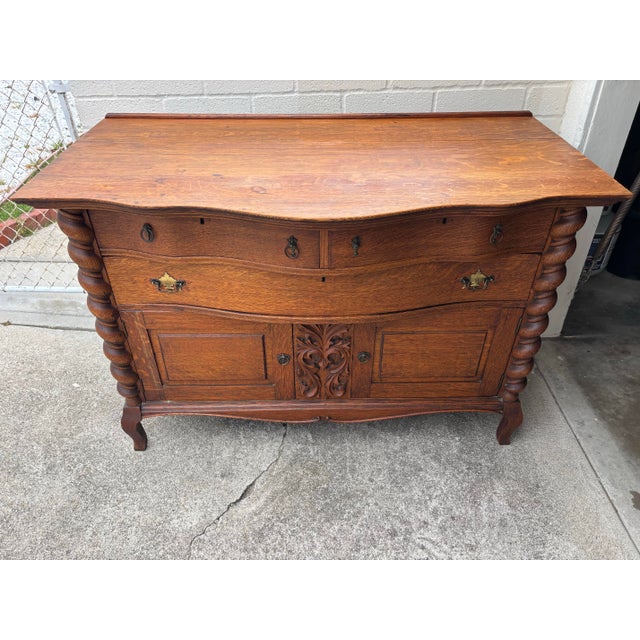 Antique Tiger Oak Buffet / Sideboard, Featuring Barley Twist Columns and Serpentine Front For Sale - Image 10 of 10