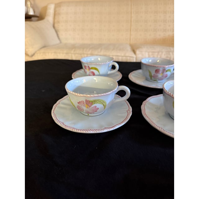 Early 20th Century Vintage Hand Painted Majolica Cantagalli Firenze Italian Coffee Pot, Sugar and Creamer and Cups and Saucers. Set of 6. Rare. For Sale - Image 5 of 11