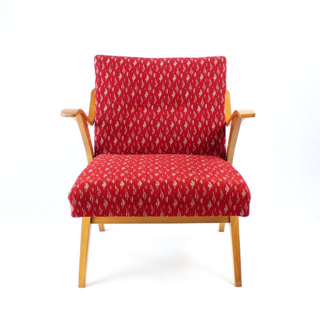 Mid-Century Czechoslovakian Armchair in Original Red Fabric and Blonde Wood, 1960s For Sale - Image 12 of 13