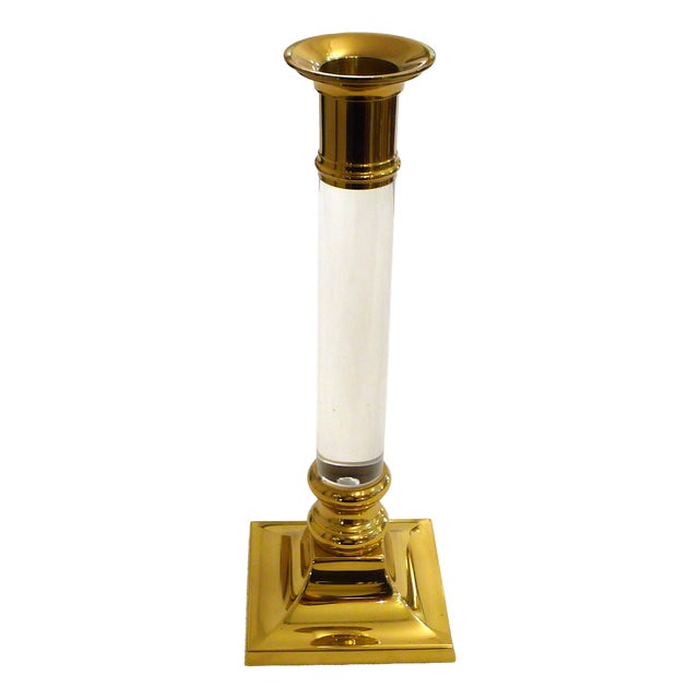 Vintage Column Candleholder in Gilded Brass and Transparent Acrylic Glass, 1970s For Sale