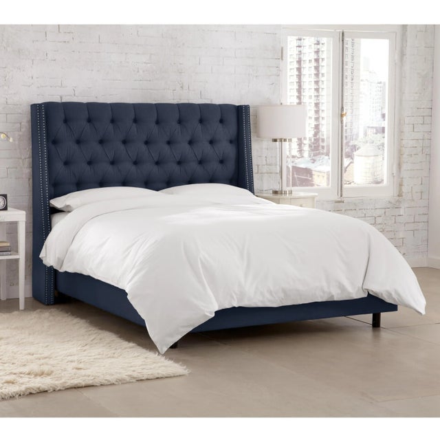 Not Yet Made - Made To Order King Nail Button Tufted Wingback Bed in Linen Navy For Sale - Image 5 of 8
