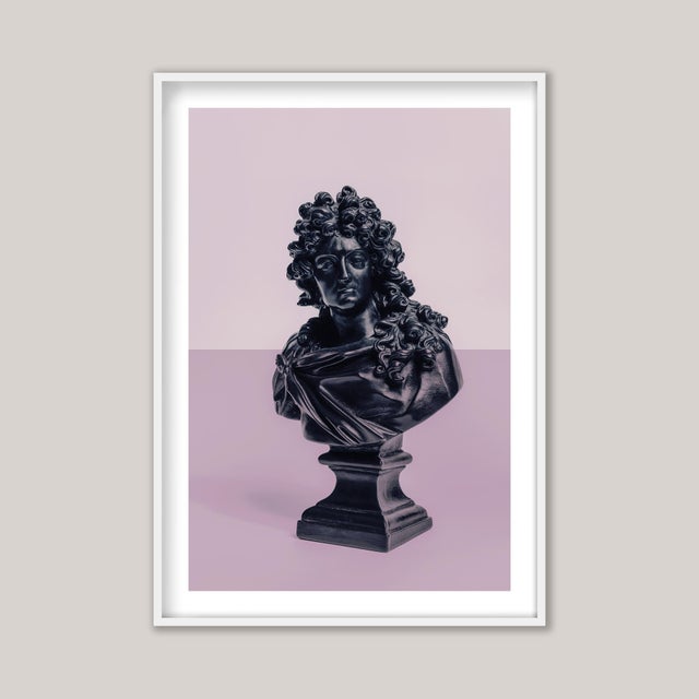 A colour-blocked photograph of a wax bust of King Louis XIV of France. A stark, monotone study of an ornate figure,...
