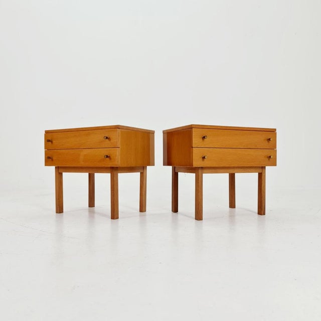 German Mid century Oak nightstands/ bedside tables BY WK Möbel , 1960s It is in good vintage condition, however, as with...