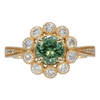 1Ct Demantoid Garnet Ring With Earth Mined Diamonds Halo: Solid 14k Gold, 6mm, Size 6.75 For Sale