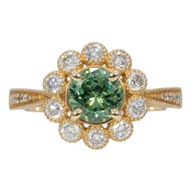 1Ct Demantoid Garnet Ring With Earth Mined Diamonds Halo: Solid 14k Gold, 6mm, Size 6.75 For Sale