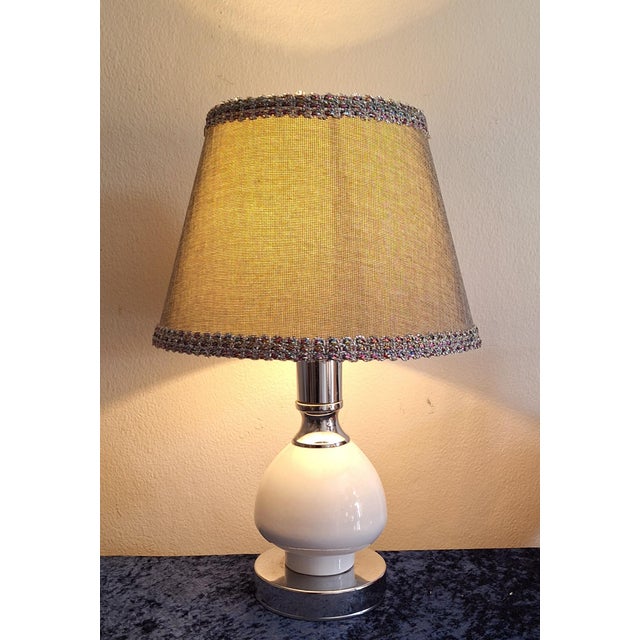 Vintage Table Lamp with White Porcelain Base, Chrome-Plated Metal Mount and Handmade Fabric Shade, 1970s For Sale - Image 9 of 9
