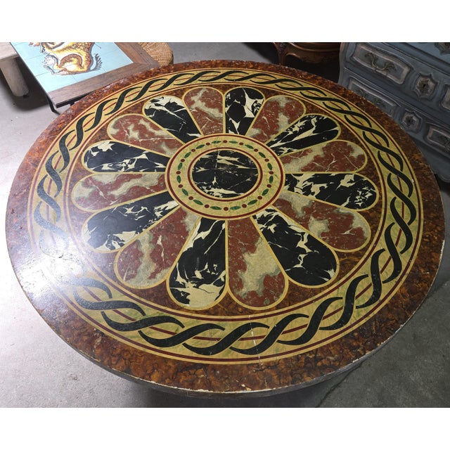 Large Round Wrought Iron Table with Scagliola-Style Painted Wooden Top, 1920s For Sale - Image 3 of 7