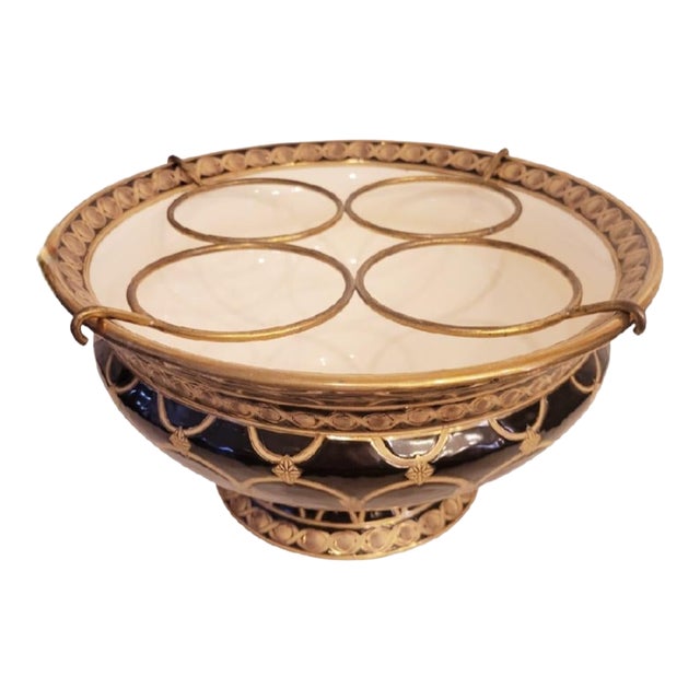 Vintage Black Gold Brass Inlay Royal Doulton Style Ceramic Bowl 4 Bottle Wine Holder For Sale